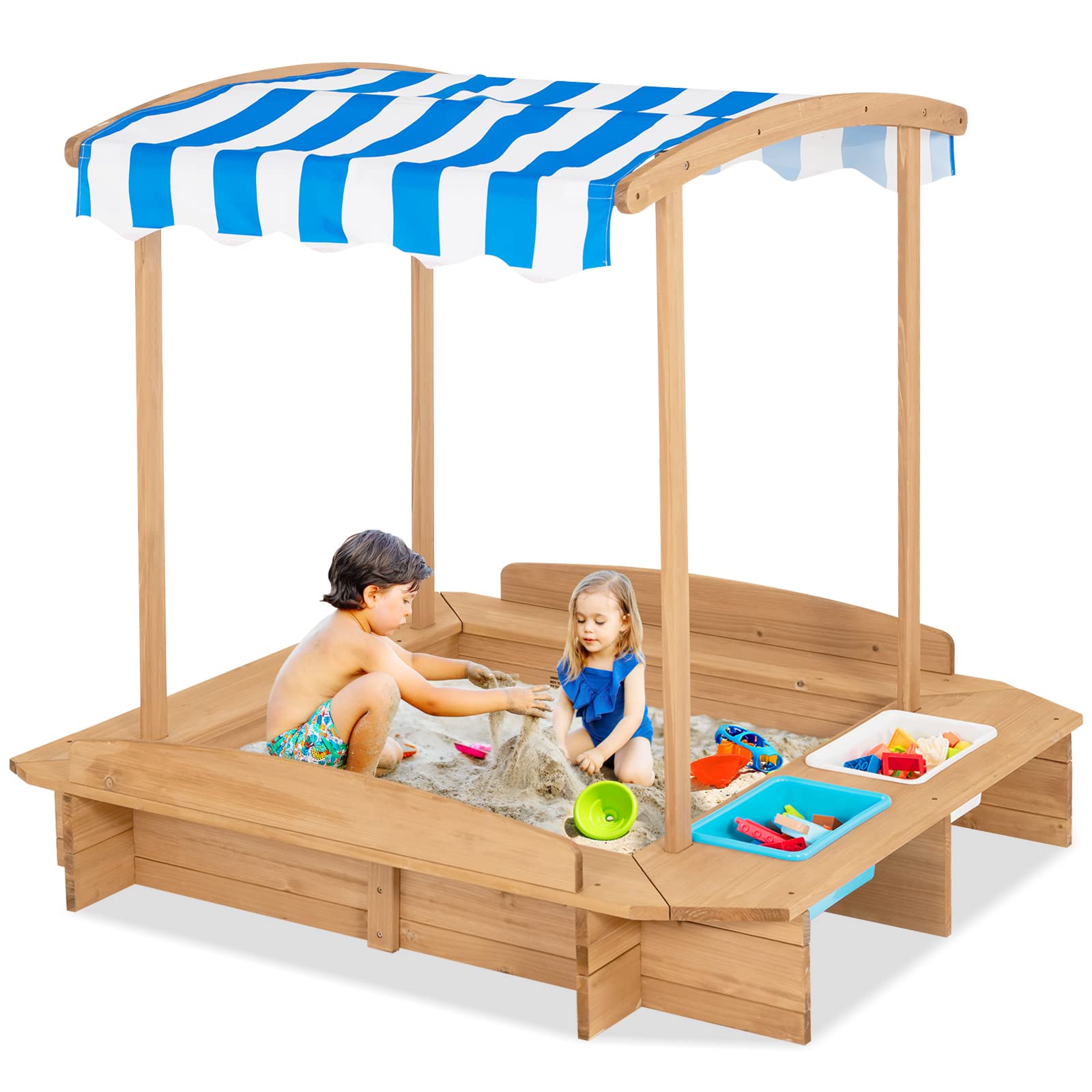 Costzon Kids Wooden Sandbox with Canopy & 2 Toy Storage Boxes