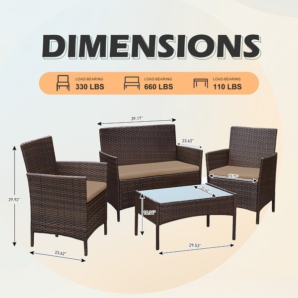 4 Piece Patio Conversation Wicker Furniture Set，Outdoor Rattan Sectional Furniture Set With Cushions