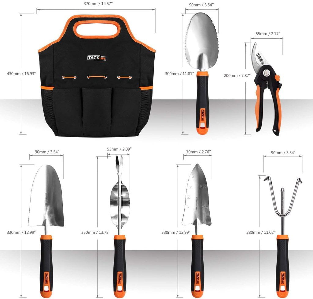 TACKLIFE GGT4A 7 Piece Stainless Steel Heavy Duty Garden Tools Set Black And Orange