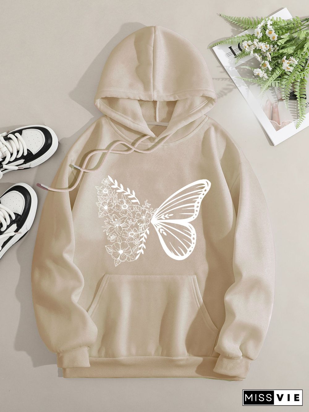 Printed on front Kangaroo Pocket Hoodie Long Sleeve for Women Pattern Butterfly