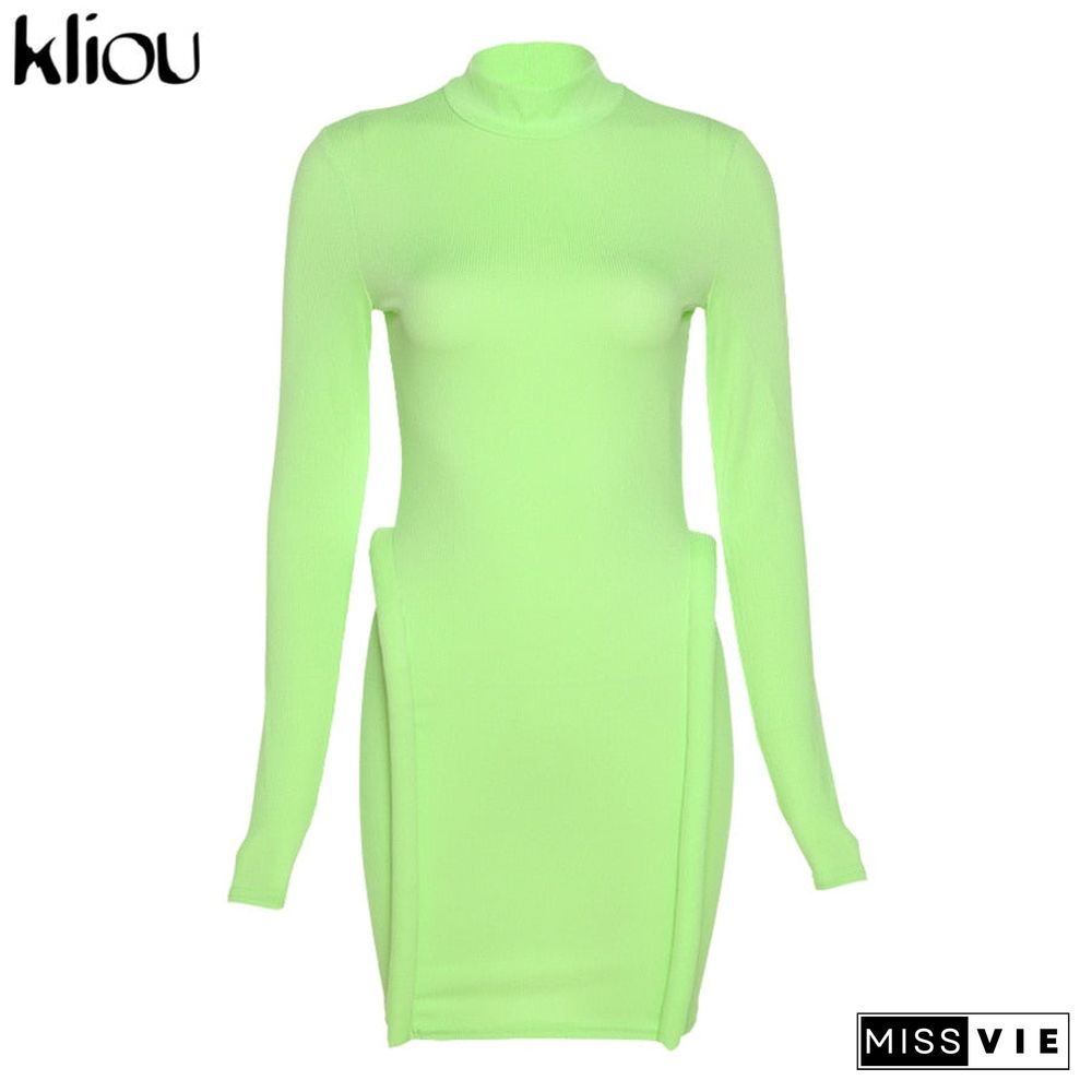 Kliou Knitted Stitching Mini Dress Women Hipster Skinny Three-Dimensional Decoration Bodycon Long Sleeve Turtleneck Streetwear