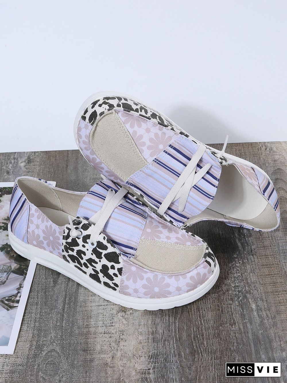 Striped Leopard Print Floral Panel Canvas Flats