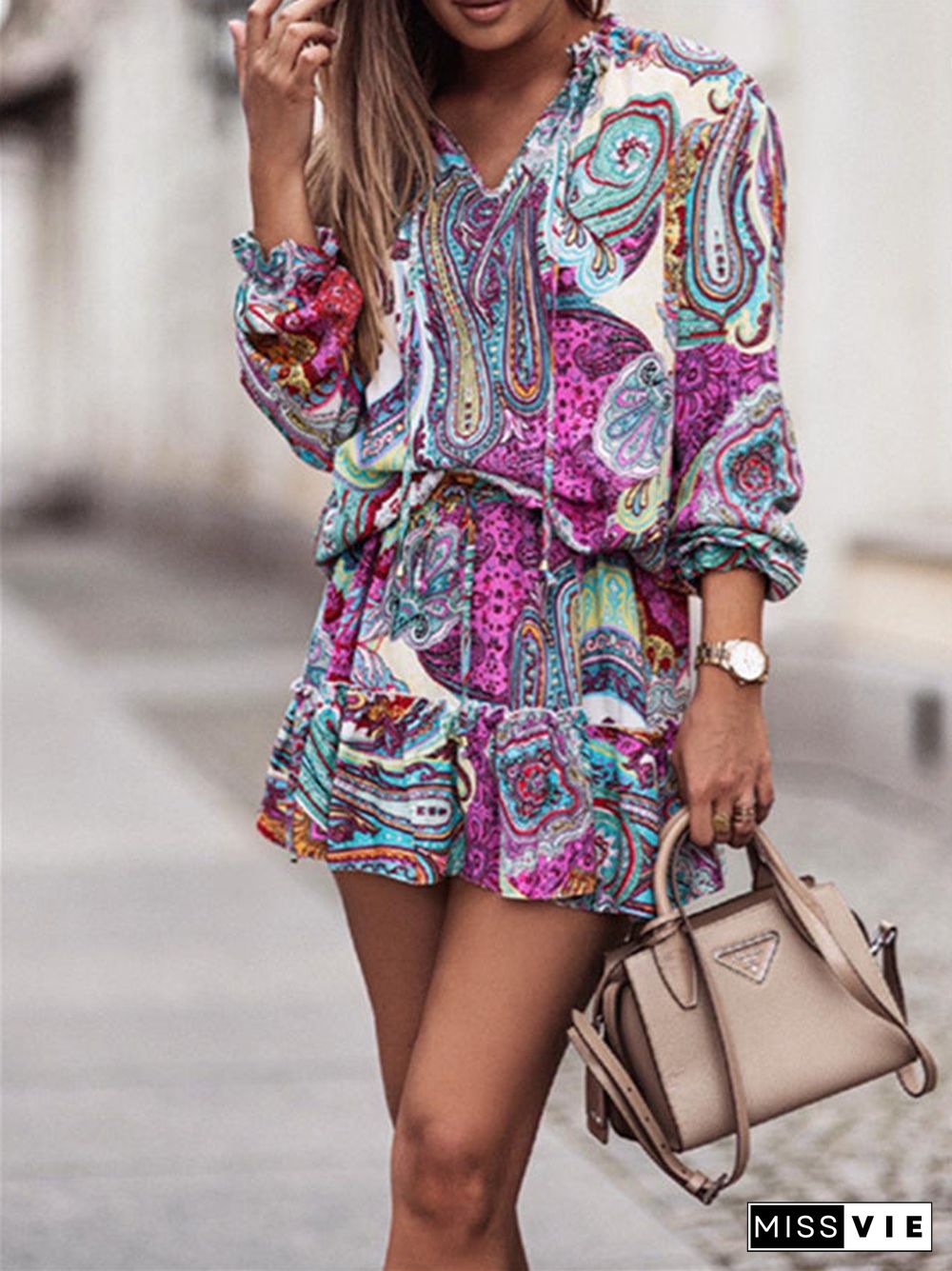 Women's Long Sleeve V-neck Floral Printed Lace-up Midi Dress