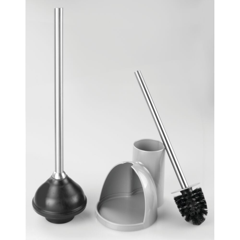 mDesign Compact Plastic Toilet Bowl Brush and Plunger Combo Set with Holder - Caddy for Bathroom Storage - Sturdy， Heavy Duty， Deep Cleaning - Silver/Brushed