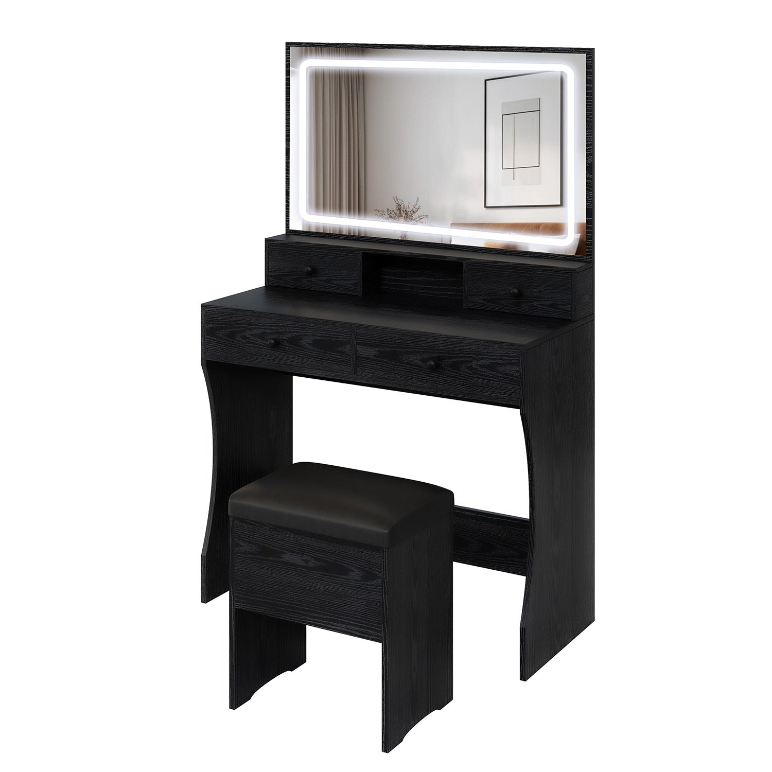 Vanity Desk Set Makeup Vanity with Power Outlet, LED Mirror, Storage Stool