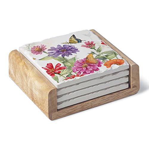 CounterArt Zinnias and Butterflies Absorbent Stone Tumbled Tile Coasters in Wooden Holder