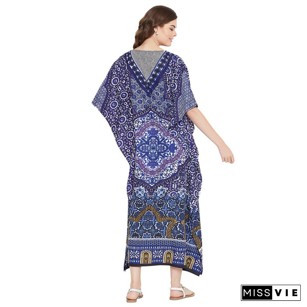 Polyester Kaftans Multiple Print Kimono Sleeves Boho Beach Cover Up Plus Size Lightweight Long Maxi Kaftan Dress