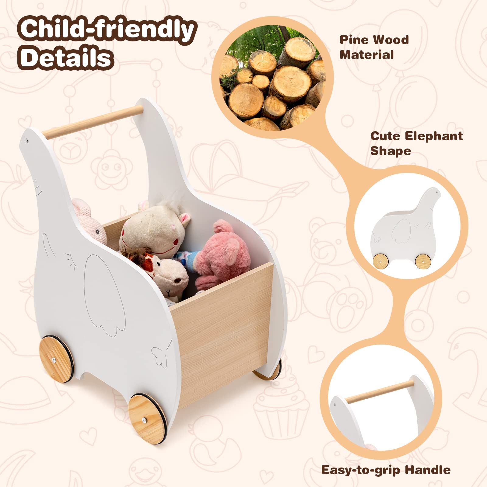 BABY JOY Baby Wooden Push Walker, 2-in-1 Toddler Learning Walker w/ Toy Storage Chest