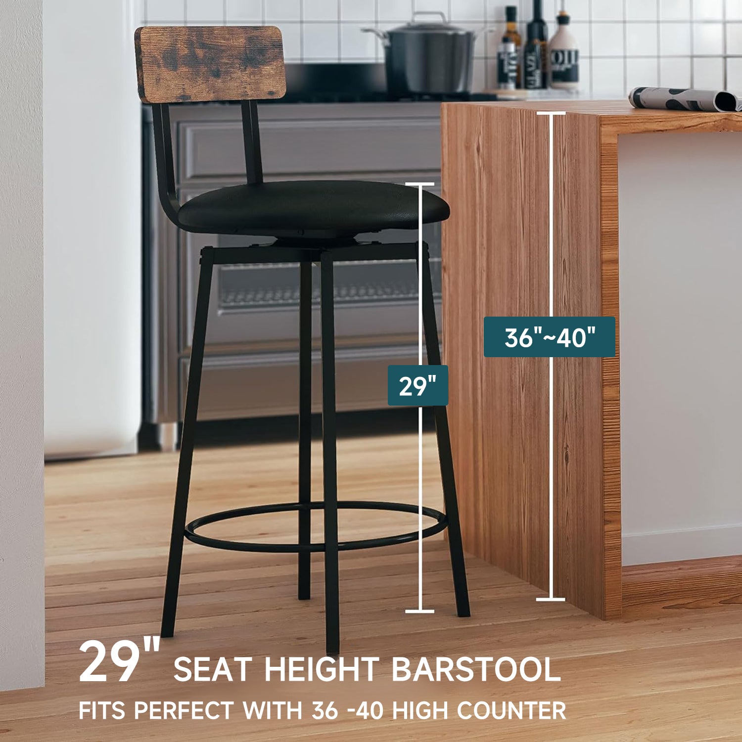 2 pcs Bar Stools PU Upholstered Swivel Barstools with Footrest for Dining Room Kitchen Counter Bar