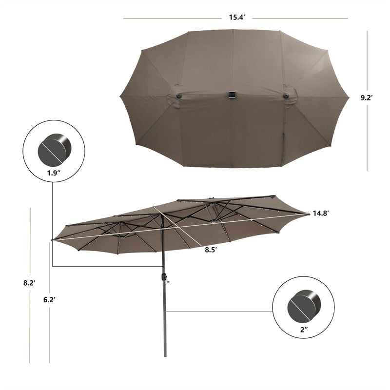 15 FT Large Outdoor Patio Table Umbrella with 48 Solar LED Lights & Crank, Double-Sided Metal Deck Pool Umbrella