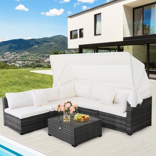 6 PCS Patio Furniture Set Conversation Set with Retractable Canopy