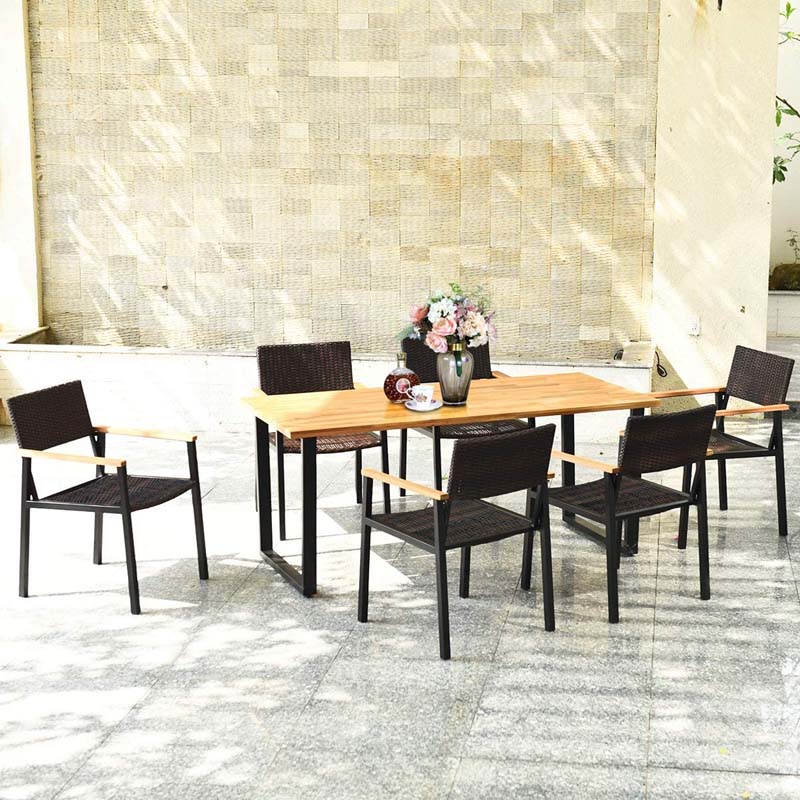 7 Pcs Rattan Patio Dining Set with 2.16'' Umbrella Hole, Acacia Wood Tabletop, Wicker Armchairs