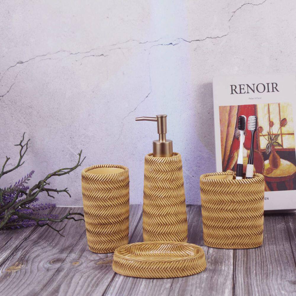 Dracelo 4-Piece Bathroom Accessory Set with Toothbrush Cup Soap Dispenser Tumbler in Bamboo B09T9J2FDG