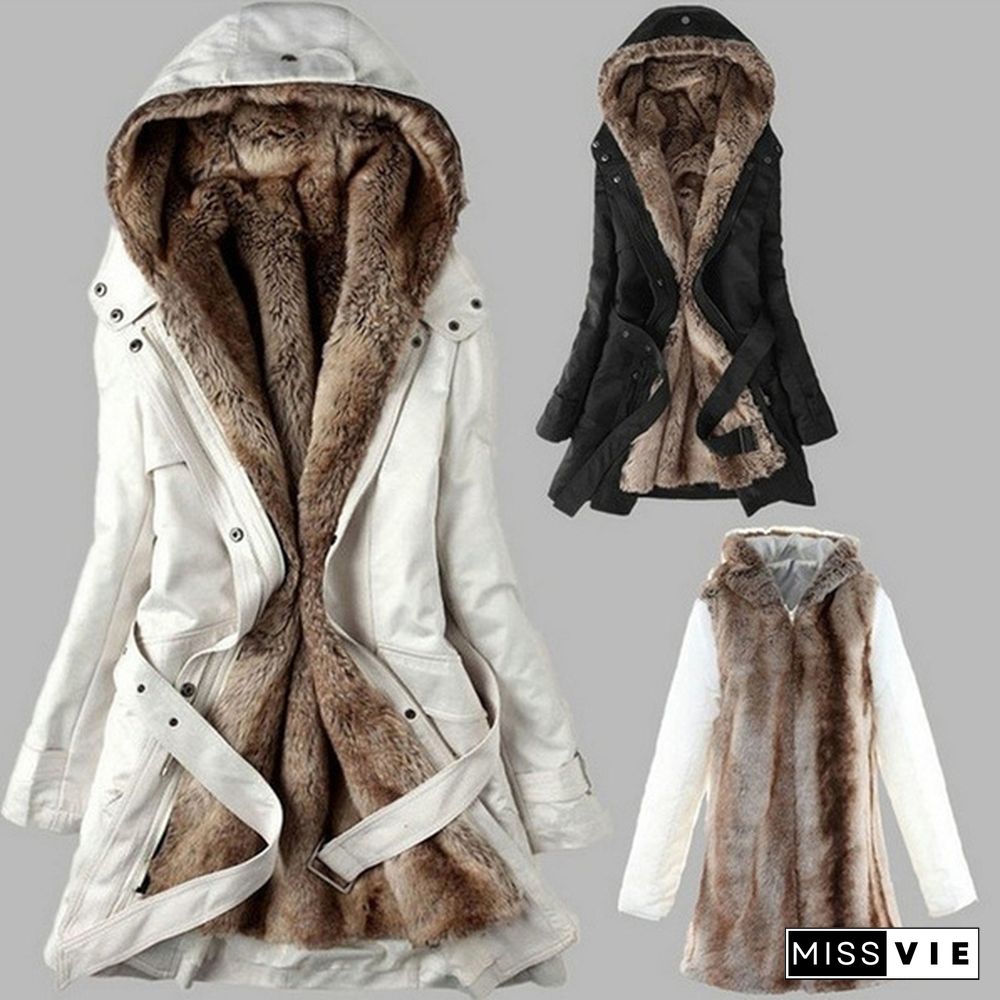 Winter Women's Fur Hood Coats Jacket Women Long Loose Warm Cotton-padded Parka Outerwear Snow Wear