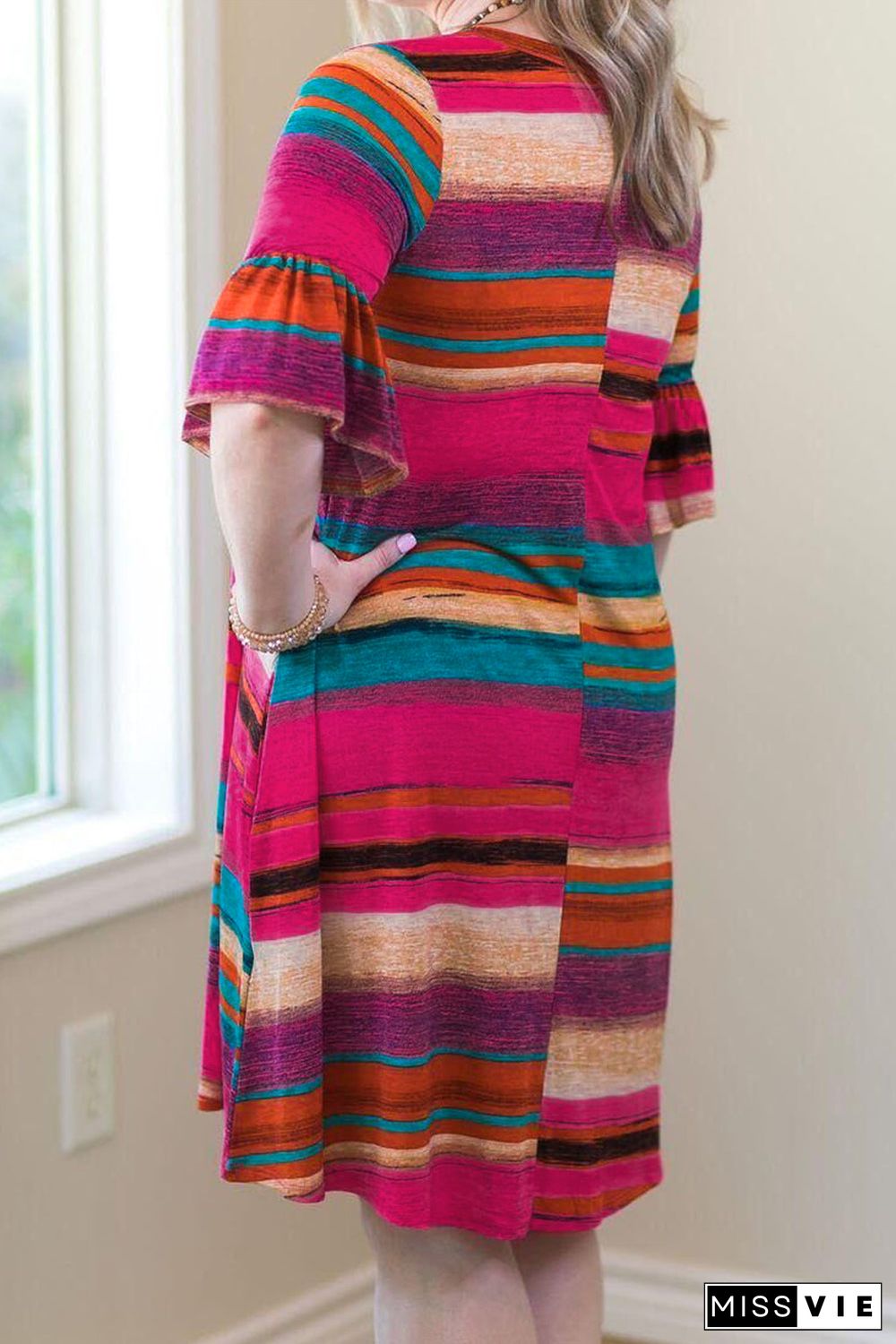 Multicolor Ruffled Sleeves Serape Print Plus Size Dress