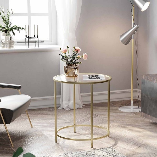 Round Side Table， Tempered Glass End Table with Golden Metal Frame， Small Coffee Table， Bedside Table， Living Room， Balcony