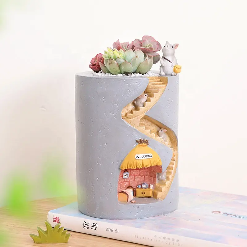 Handmade Custom Resin Rabbit Hedgehog's House Desktop Ornament Succulents Flower Plant Planter Pot for Garden Supplies