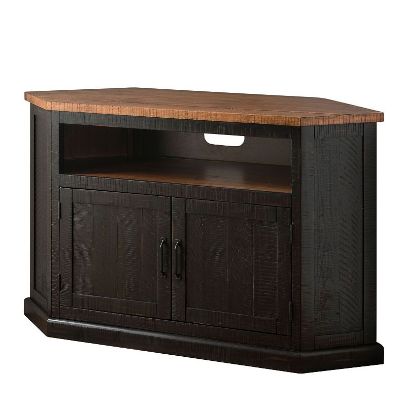 Rustic Style Wooden Corner TV Stand with 2 Door Cabinet， Brown