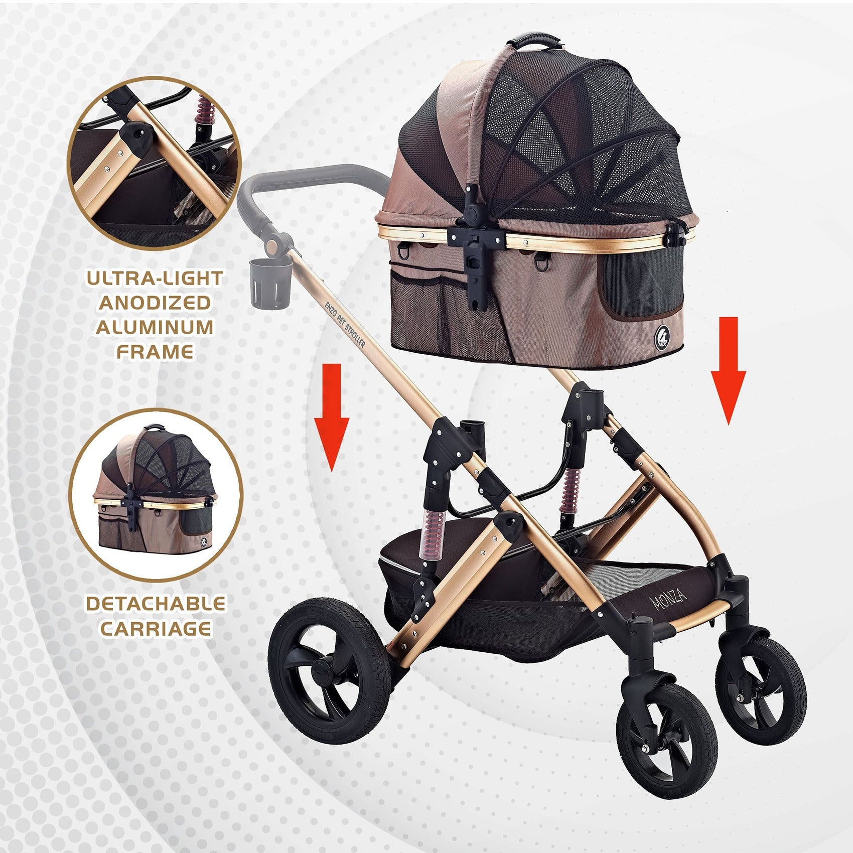 ENZO Pet Stroller Monza Luxury 3-In-1 Stroller， Travel Carrier， Car Seat For Pets (Gold)