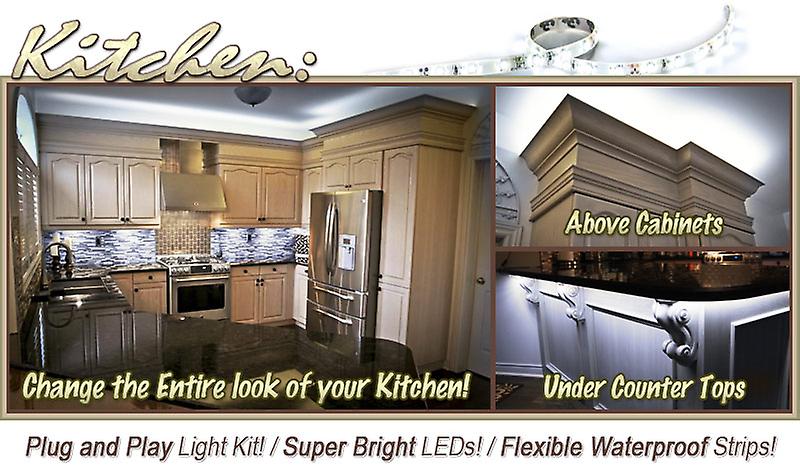 16.4' ft Cool White Kitchen Counter Cabinet LED Lighting Strip + Dimmer + Remote + Wall Plug 110V - Counters Microwave Glass Cabinets Floor Night Light Lamp Waterproof Flexible DIY 110V-220V