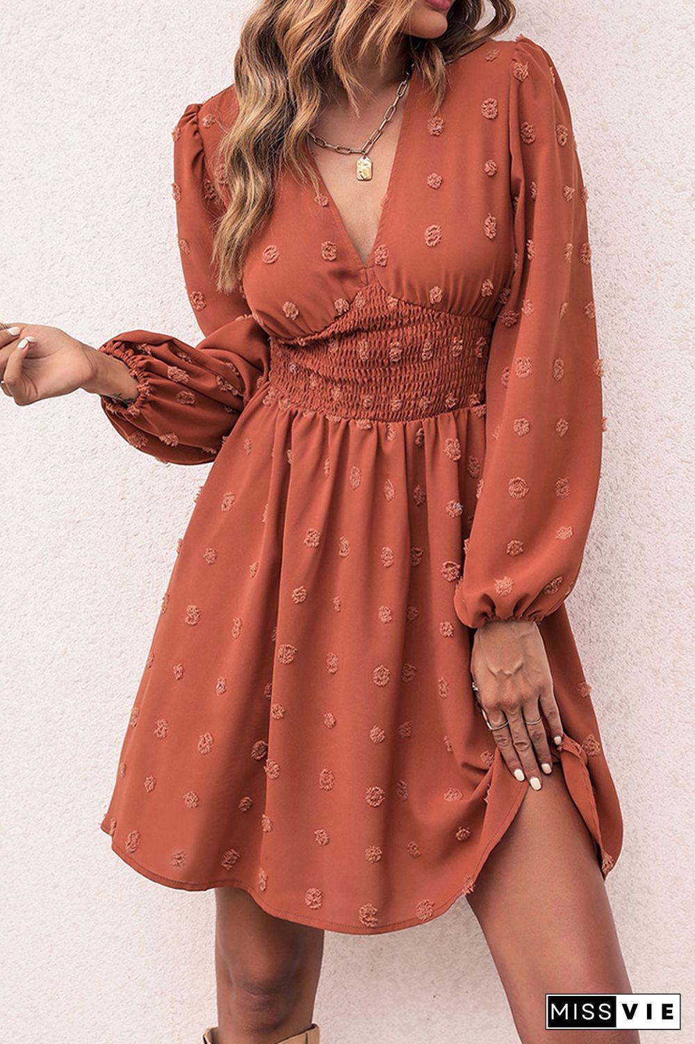 Polka Dot V Neck Short Sleeves Dress Wholesale