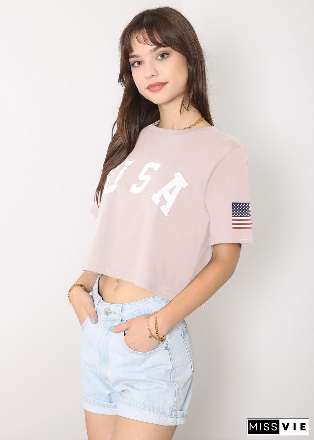 Anna-Kaci Women's Letter Print Crop Top Short Sleeve July 4th USA Flag T-Shirt