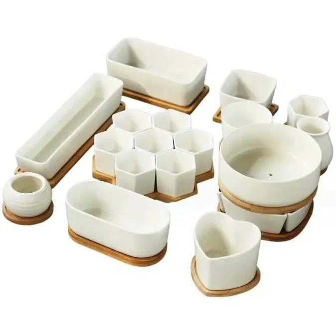 Wholesale Hot Sale Home Garden Dropshipping Geometric White Succulent Planter Pots Ceramic Plant Container with Bamboo Saucers