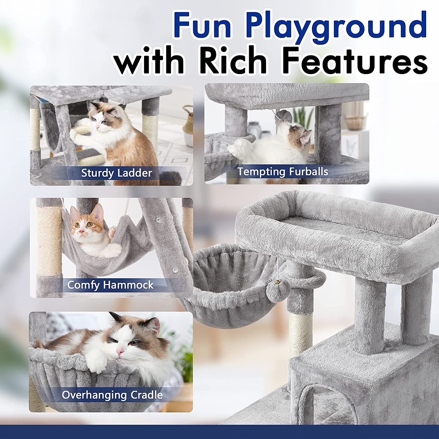 Cat Tree Cat Tower for Indoor Cats, Multi-Level Cat House Condo with Large Perch, Scratching Posts & Hammock, Cat Climbing Stand with Toy for Small Cats Kittens Play Rest, 39" Tall, Gray