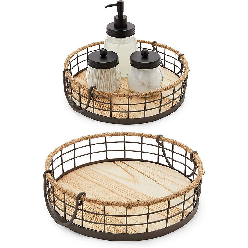 Round Wooden Wire Basket Trays with Handles， Farmhouse Decor (2 Sizes， 2 Pack)