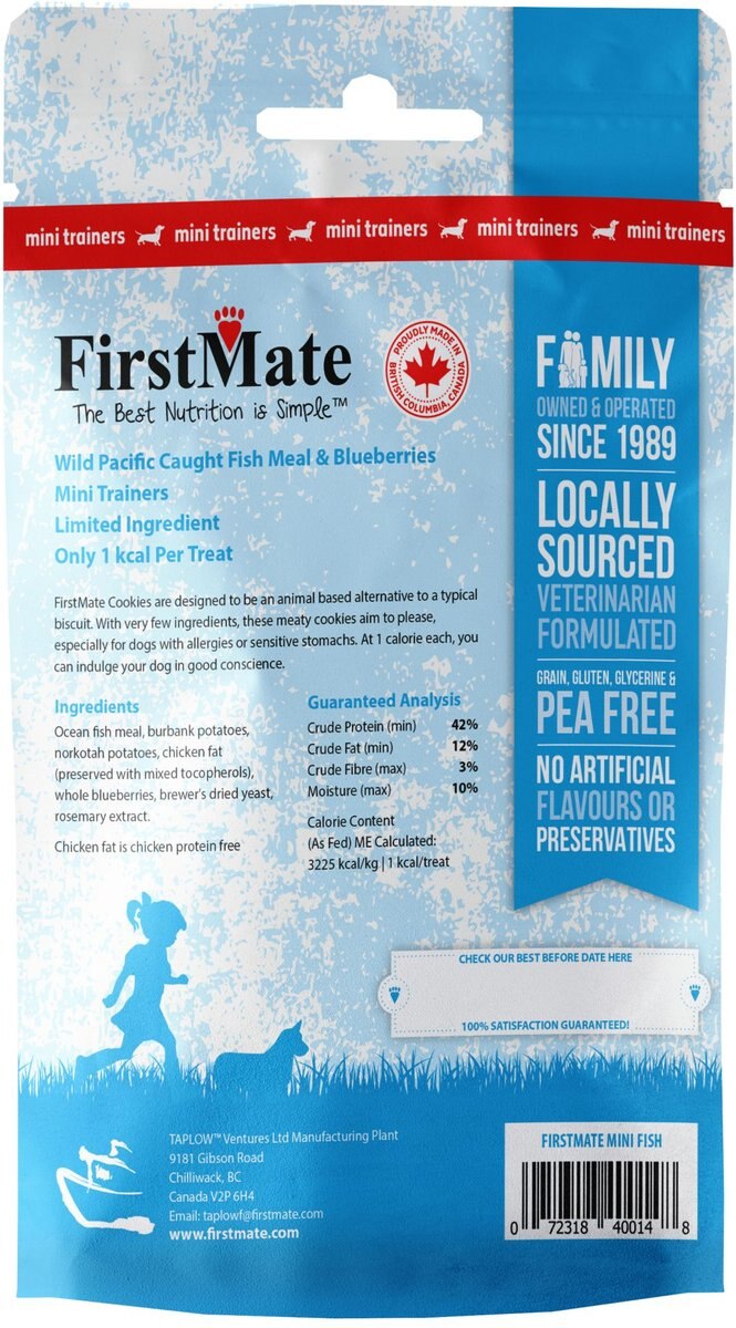 Firstmate Wild Pacific Caught Fish Meal and Blueberries Mini Trainer Grain-Free Dog Treats， 8-oz bag