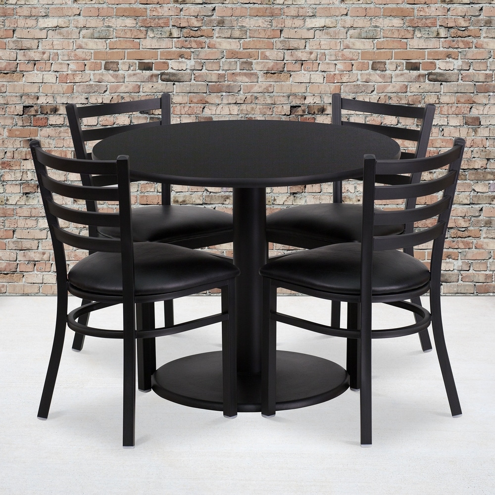 5 Piece Black Round Table with Ladder Back Metal Chairs 36''