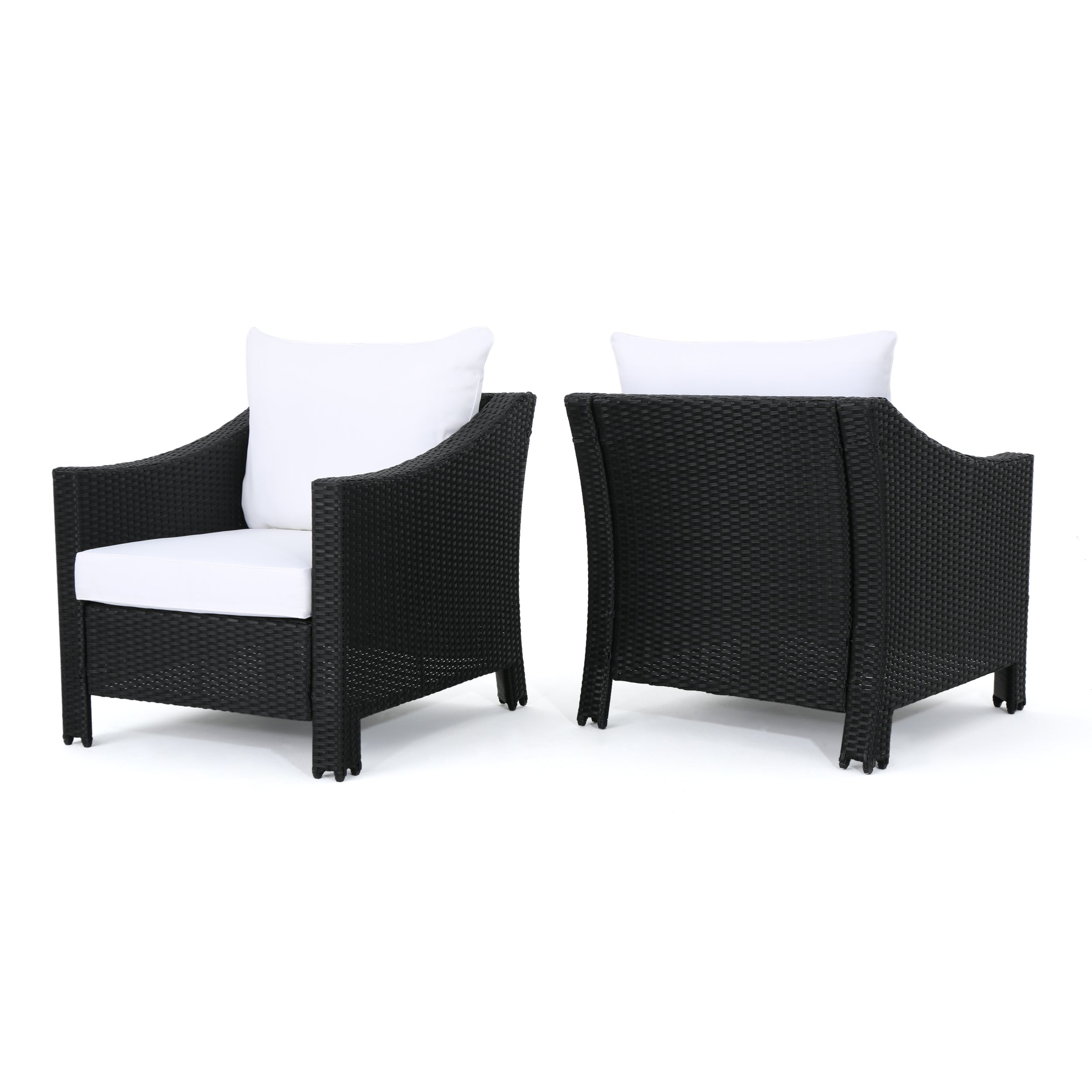 Dione Outdoor Black Wicker Club Chairs with White Water Resistant Cushions