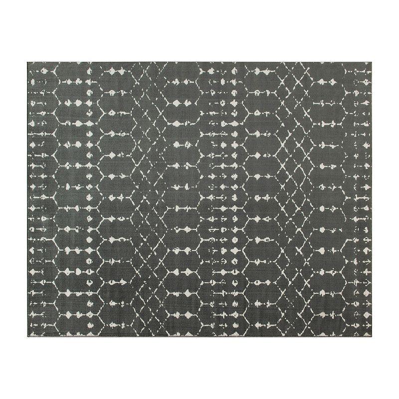 Merrick Lane Ivory Bohemian Low Pile Rug with Dark Gray Geometric Design - 8' x 10'