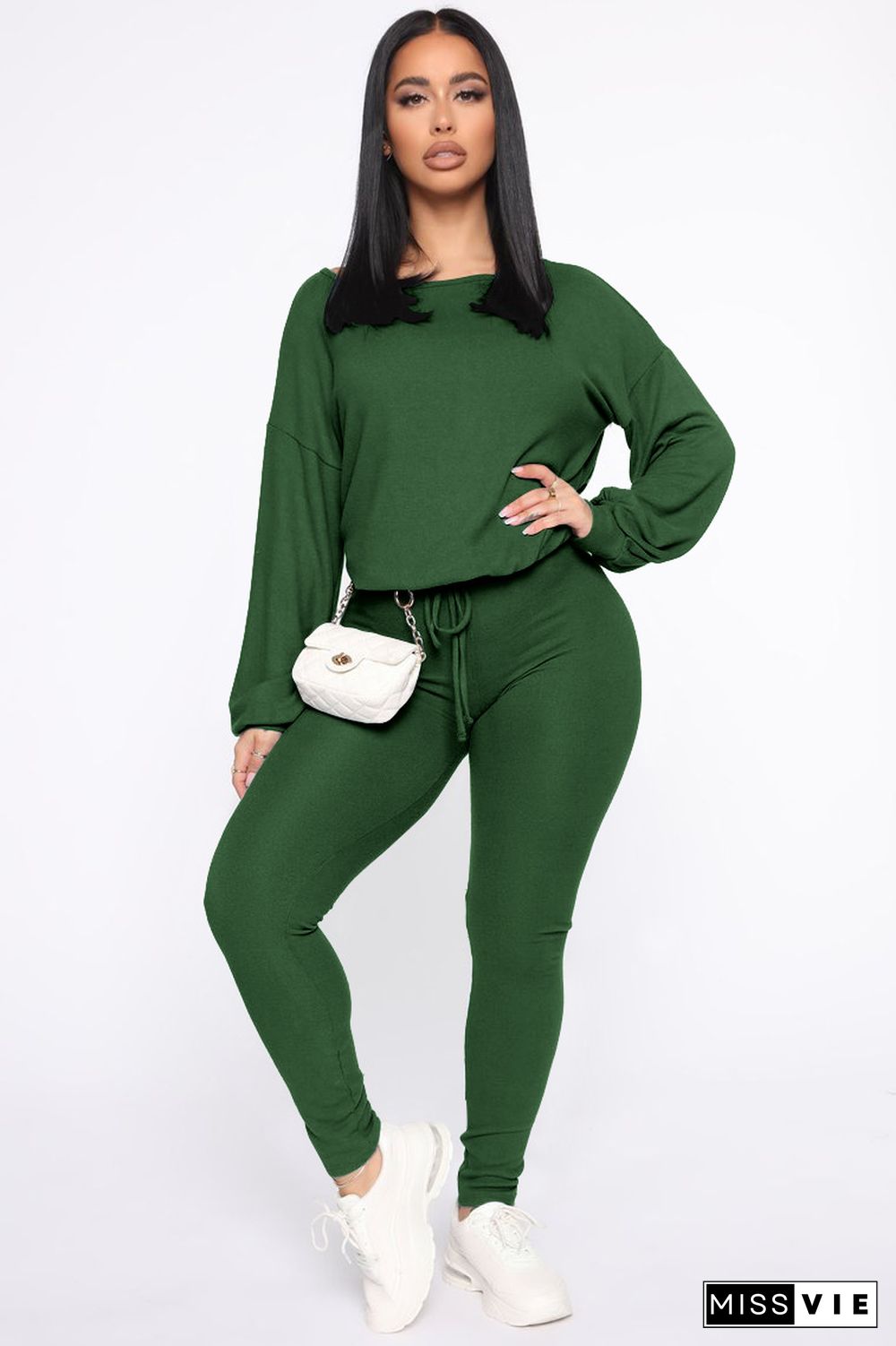 Fashion Solid Color Round Neck Long Sleeve Two-piece Pants Set