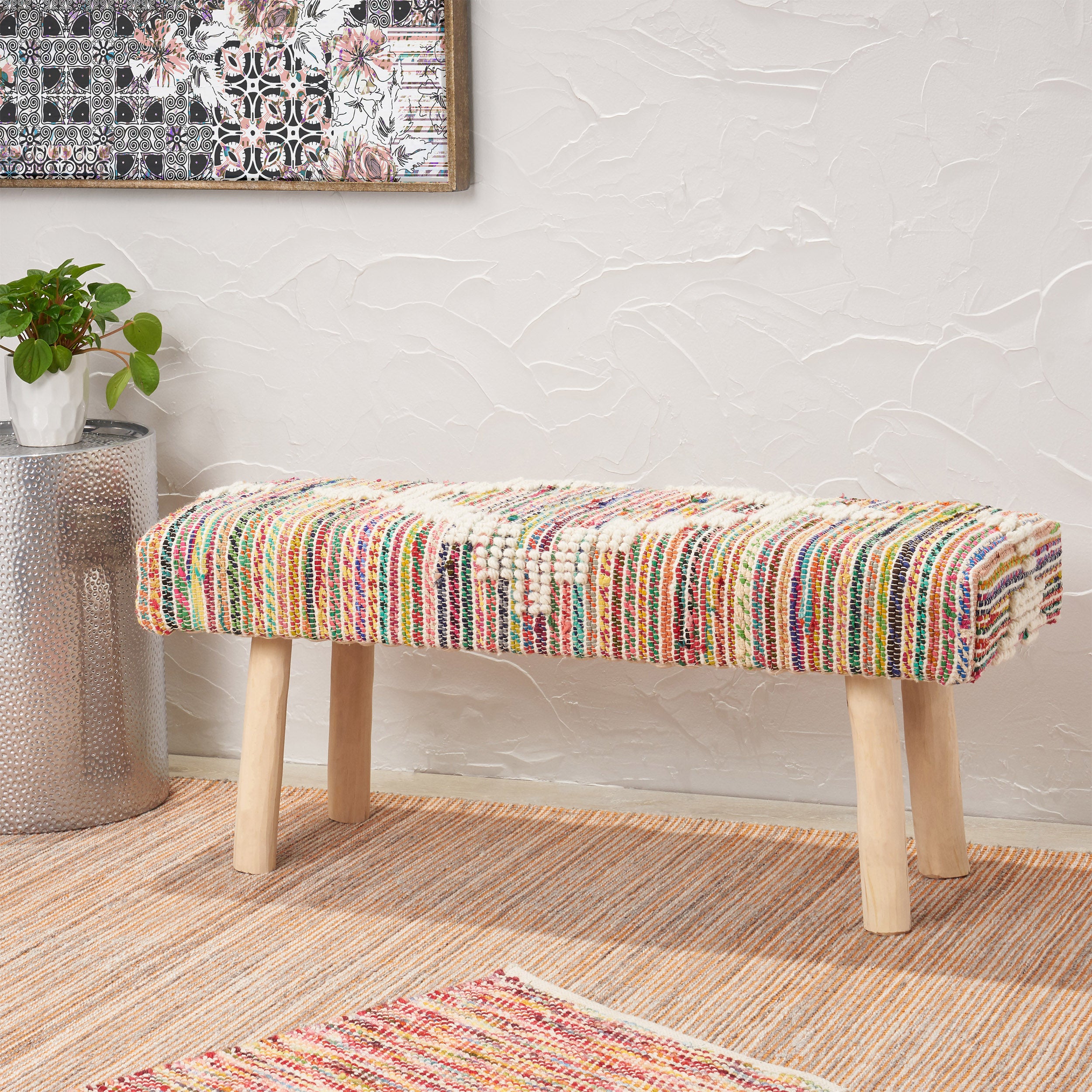 Carrera Handcrafted Boho Rectangular Wool & Fabric Bench