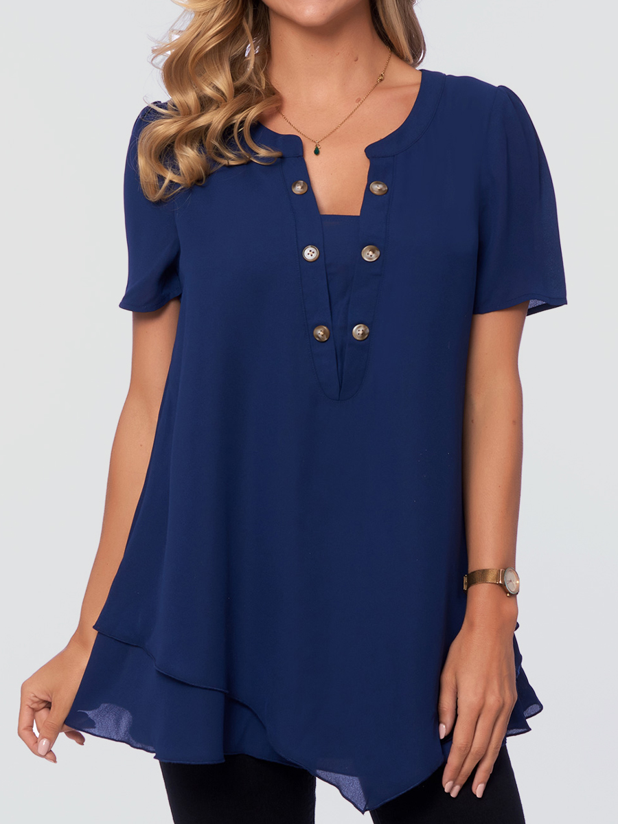 Casual Solid Color V Neck Short Sleeves Blouse