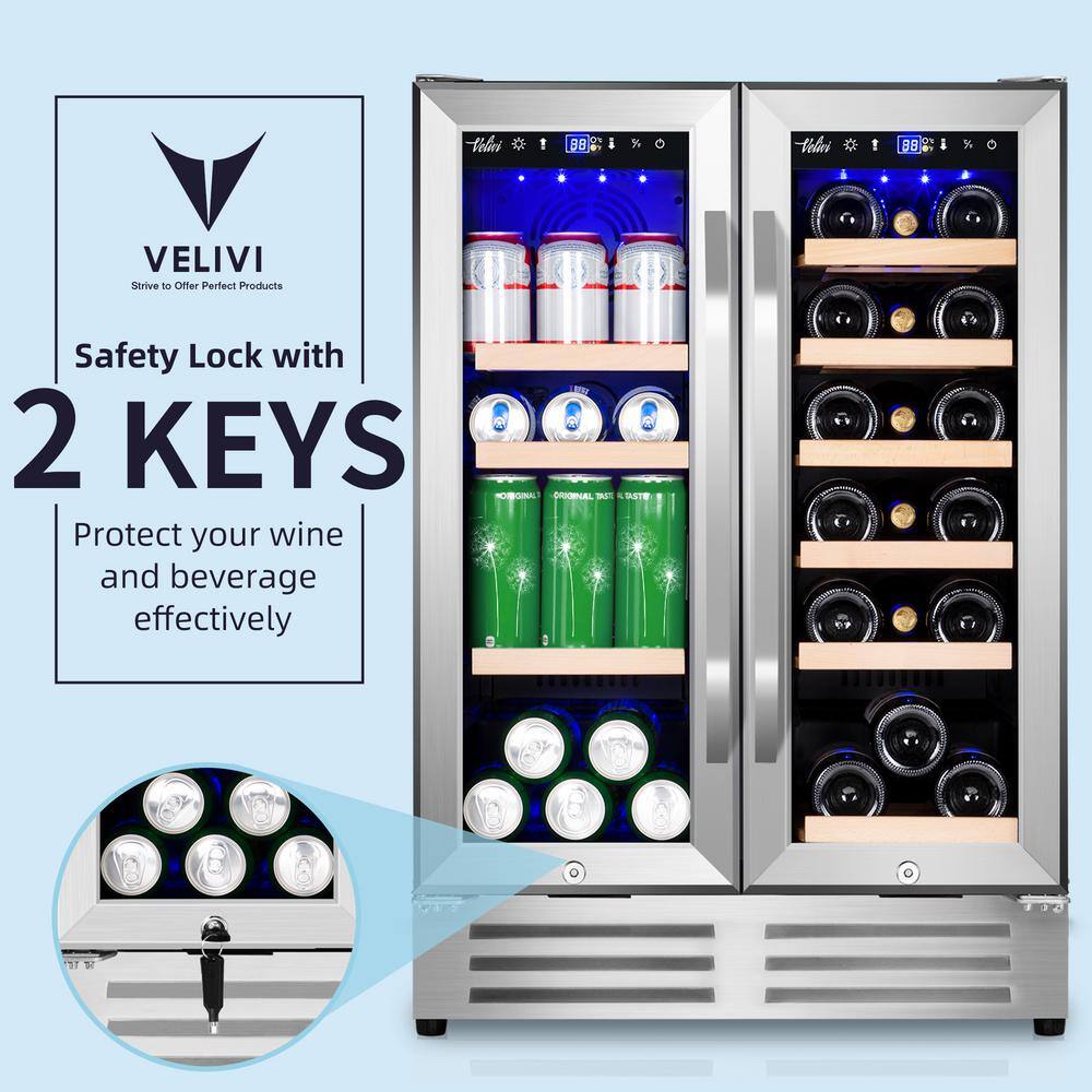 Velivi 24 in.Dual Zone 18-Wine Bottles and 88-Can Built-In and Freestanding with French Door Beverage Cooler in Stainless Steel KMYL120HD