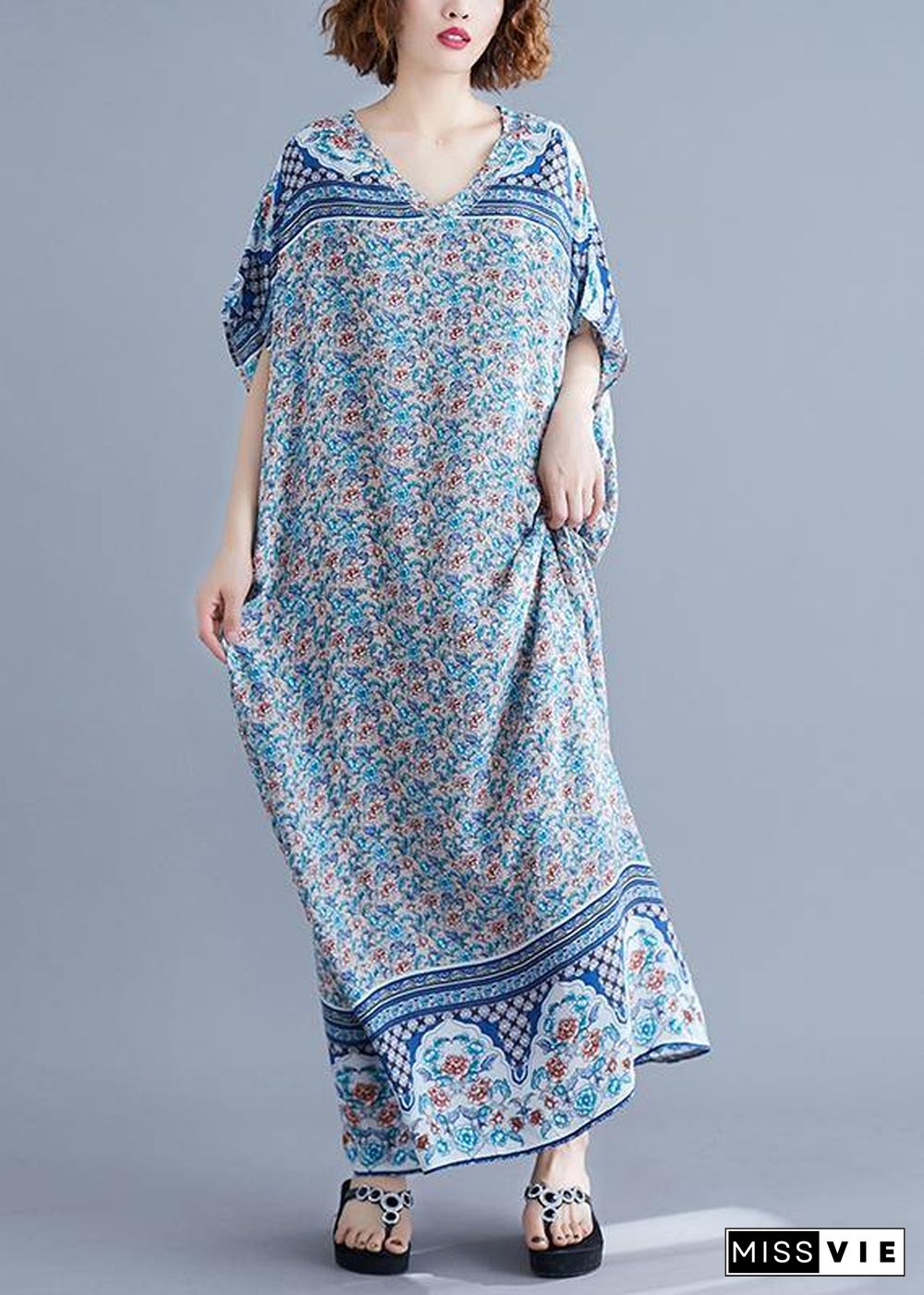 Simple v neck batwing sleeve dresses blue floral Art Dress summer