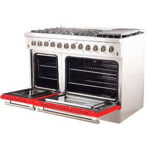 Forno Galiano 48 in. 8-Burner Double Oven Dual Fuel Range with Gas Stove and Electric Oven in Stainless Steel with Red Door FFSGS6156-48RED