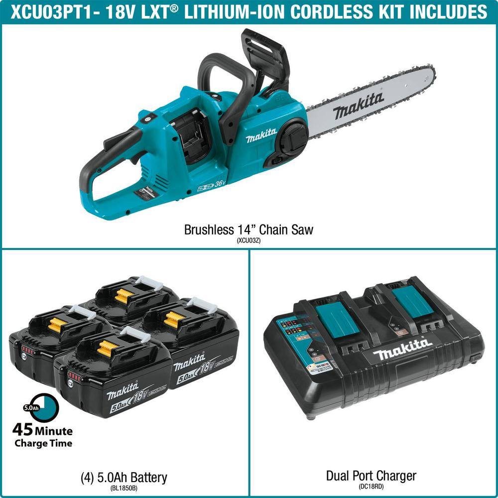 Makita LXT 14 in. 18V X2 (36V) Lithium-Ion Brushless Battery Chain Saw Kit with Four 5.0 Ah Batteries and Charger XCU03PT1