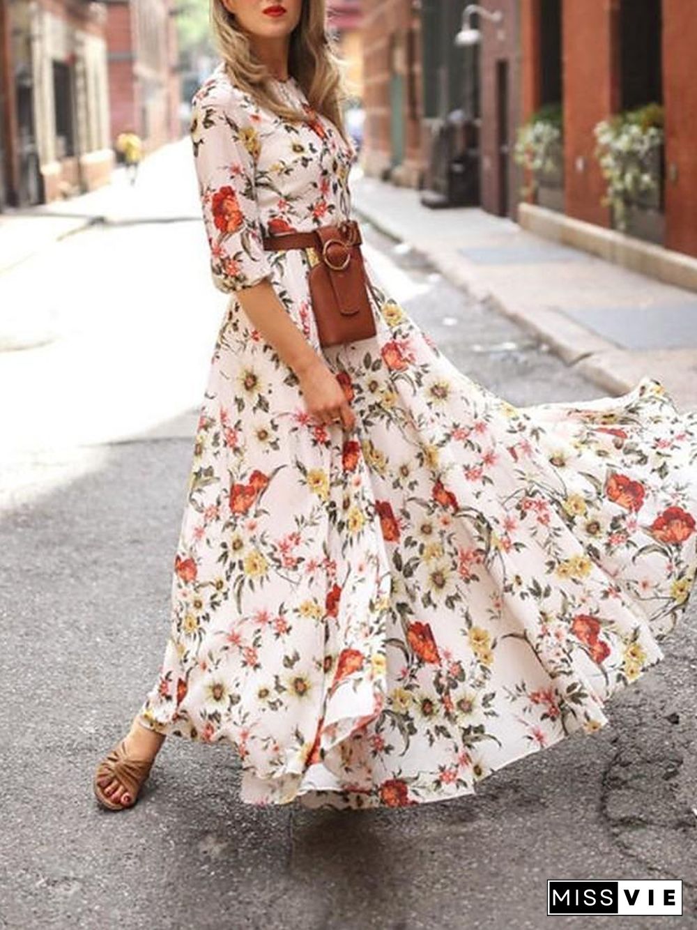 Women's Swing Dress Maxi long Dress - 3/4 Length Sleeve Floral Flower Print Spring Summer Casual Hot Holiday vacation dresses Lantern Sleeve Ruffle White S M L XL XXL