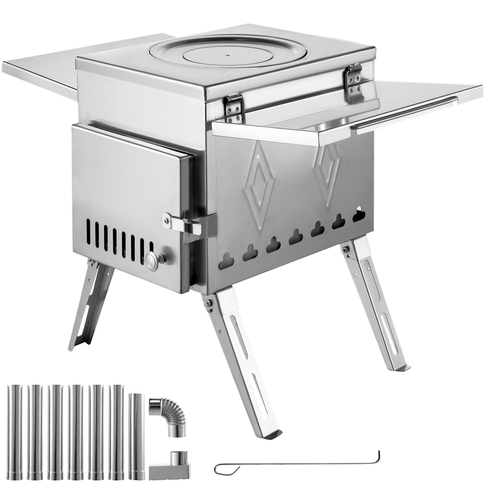 VEVOR Tent Wood Stove 17.5x14.7x10.6 inch, Camping Wood Stove 304 Stainless Steel with Folding Pipe, Portable Wood Stove 95.7 inch Total Height for Camping, Tent Heating, Hunting, Outdoor Cooking