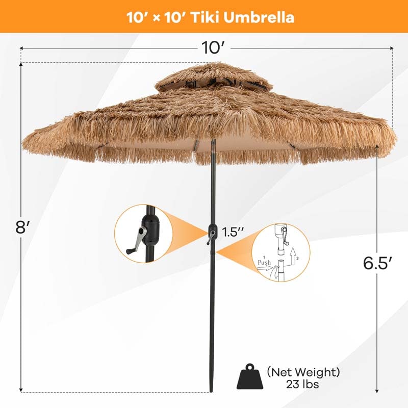 10 FT Thatched Tiki Patio Umbrella with 32 LED Solar Lights, 2 Tier Hawaiian Style Grass Beach Umbrella