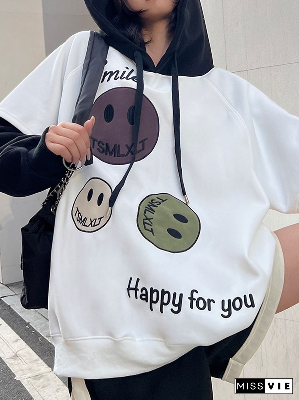 Smiling Print Splice Drawstring Oversized Hoodie