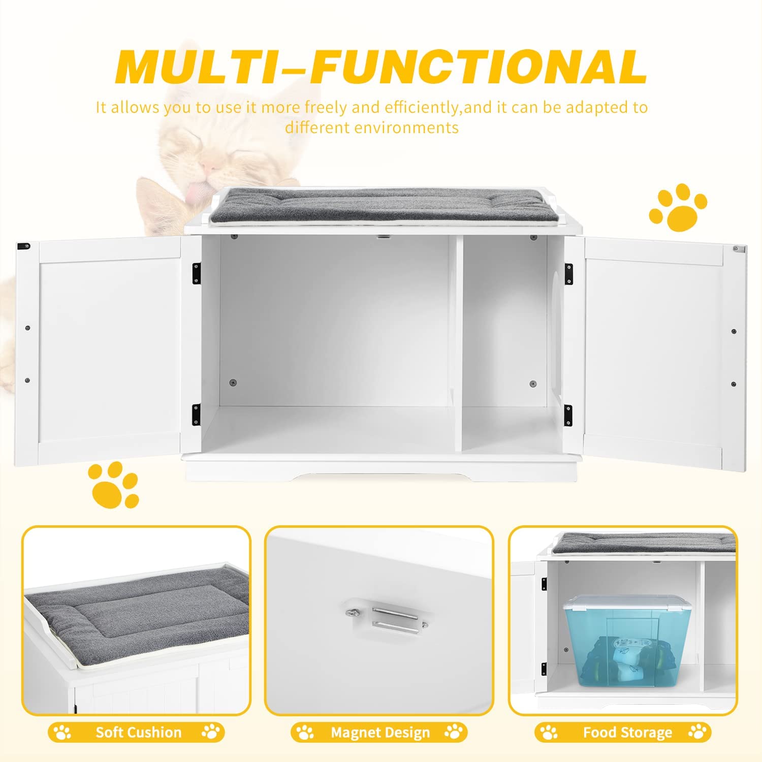 Yoleny 34'' Cat Litter Box Enclosure， Multi-Function Cat Litter Cabinet with Soft Cushion Pillow， Indoor Cat Houses