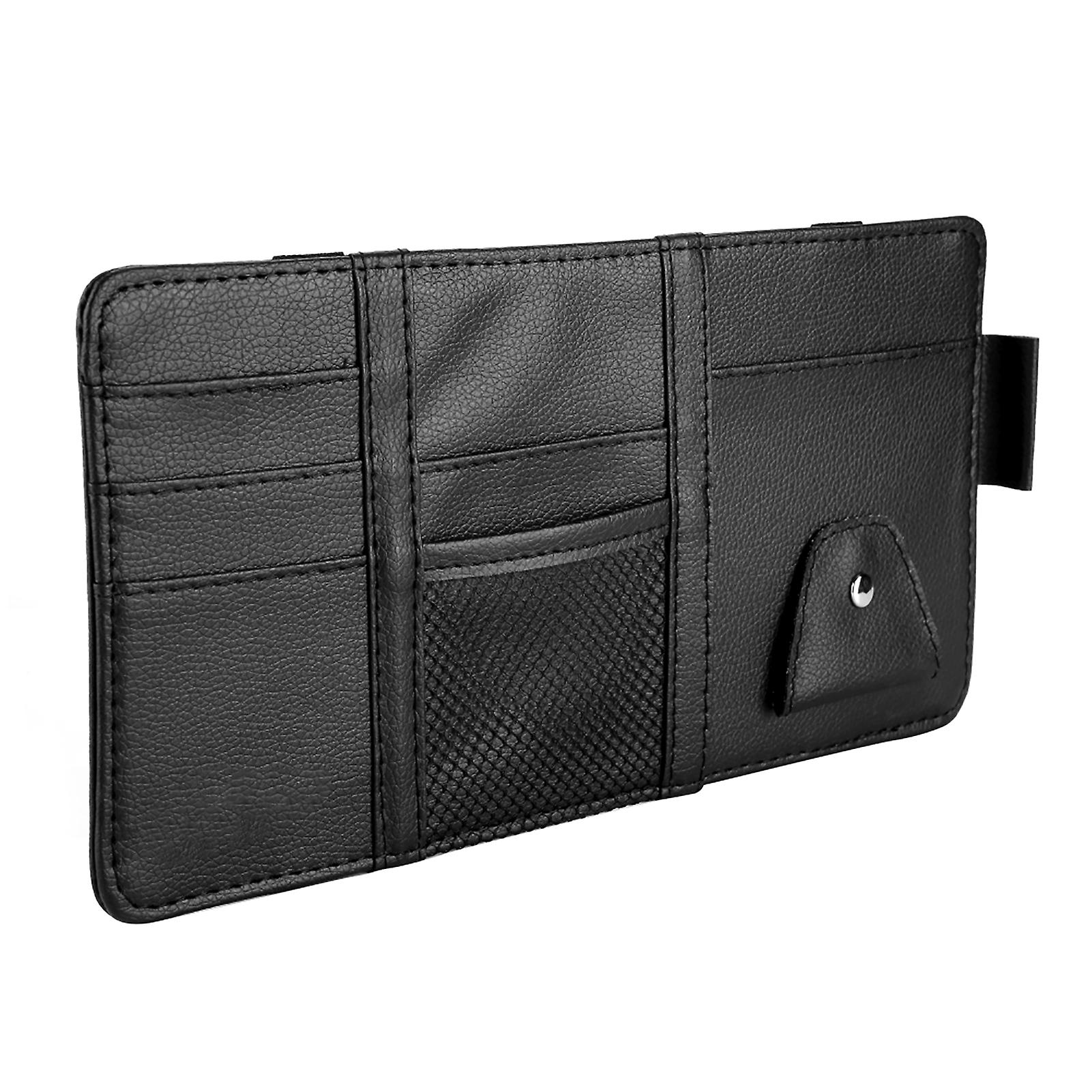 Car Sun Visor Card Bill Organizer Glasses Clip Pu Leather Multi-functional Storage Bag Black