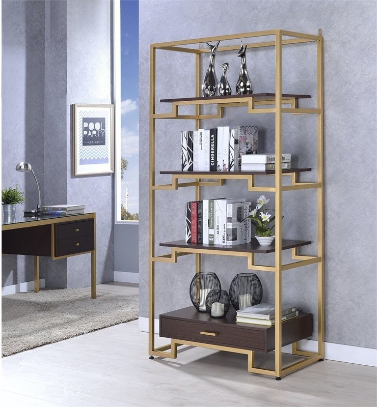 ACME Yumia Wooden Tiers Etagere Bookshelf in Gold and Clear Glass   Contemporary   Bookcases   by HedgeApple  Houzz