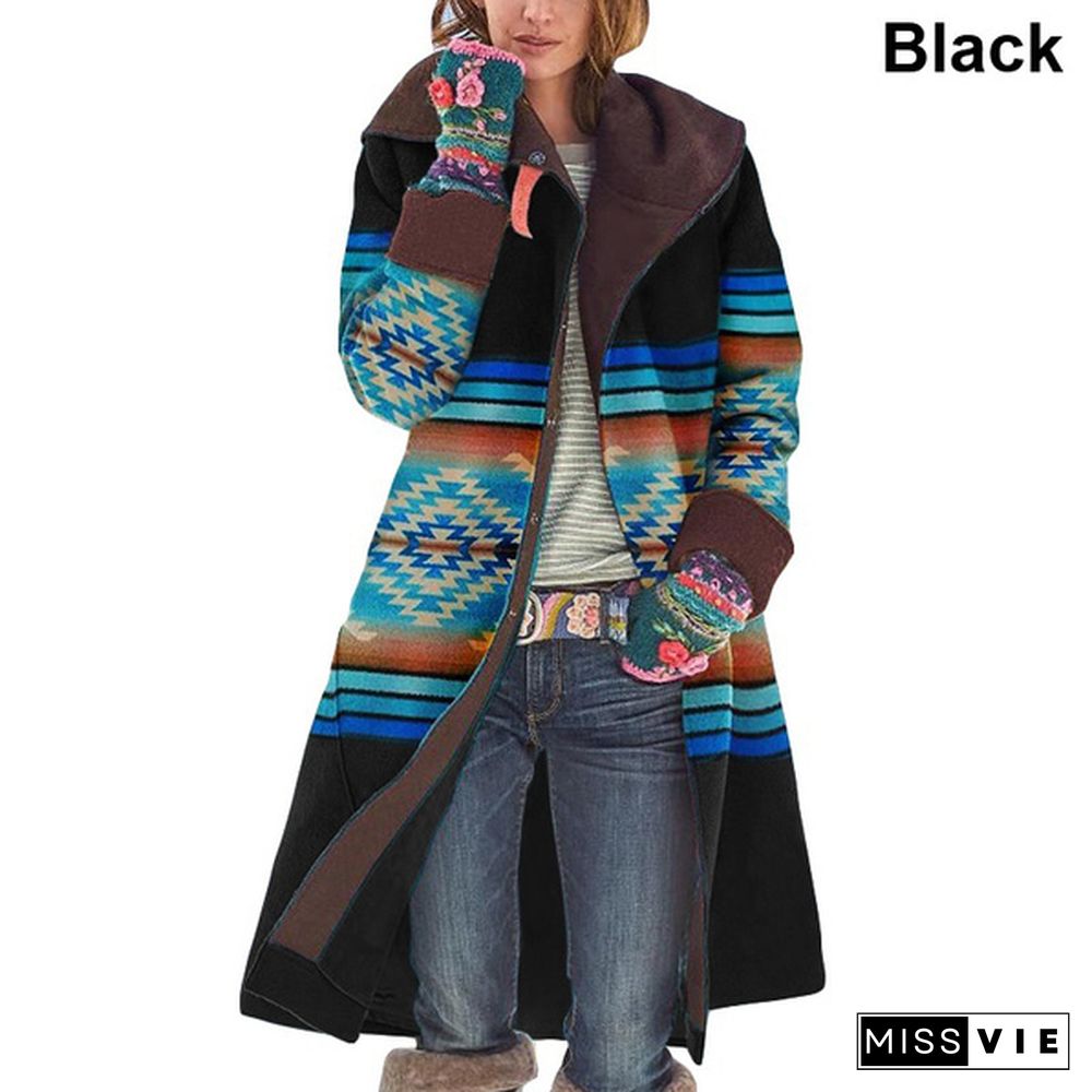 Autumn and Winter Vintage Printed Long Sleeve Coat Loose Windbreaker Coat Geometrical Striped Printing Hooded Jacket Long Cardigan Outerwear