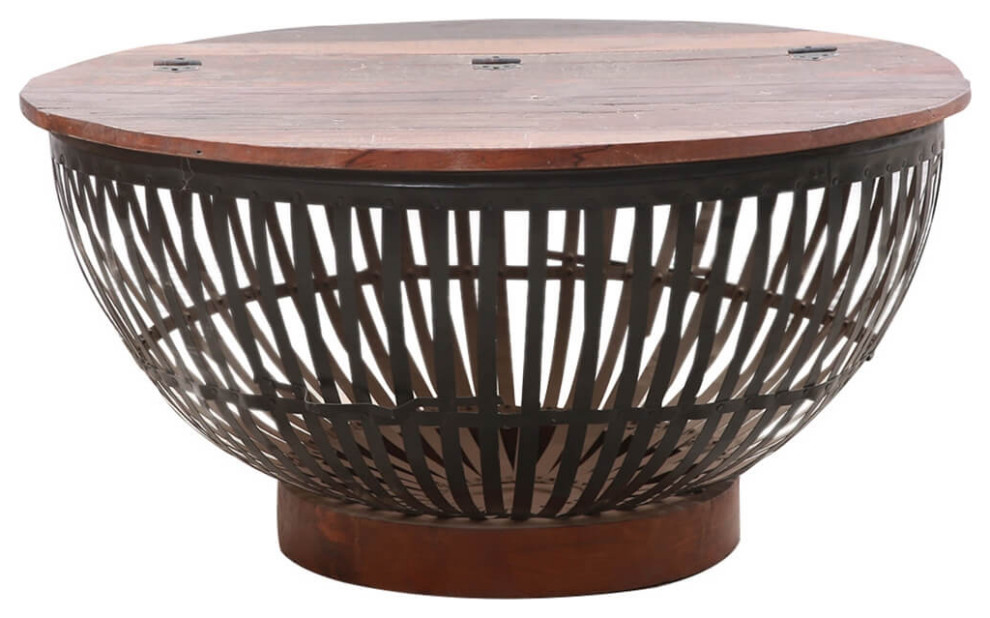 Barkerville Rustic Solid Wood and Iron Cage Drum Coffee Table   Industrial   Coffee Tables   by Sierra Living Concepts Inc  Houzz