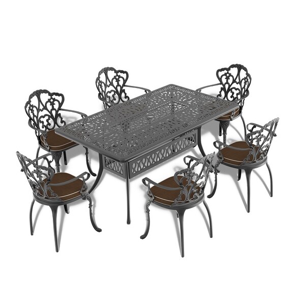 Outdoor Cast Aluminum Patio Rectangular Dining Table with Black Frame and Umbrella Hole